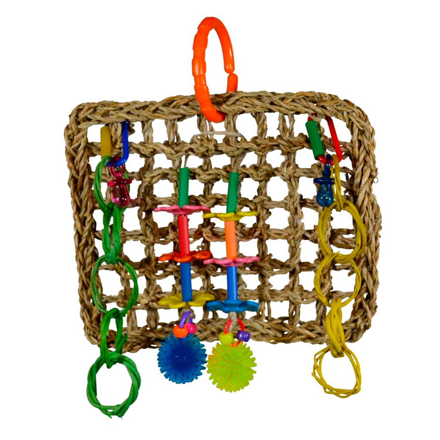 Super Bird Creations Seagrass Mini Activity Wall with Colorful Foraging Toys for Parrots, Medium Size, 9” x 7” x 2”